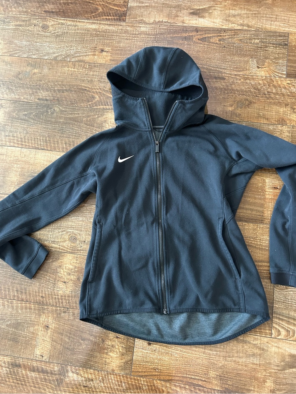 Nike Black Hooded Full-Zip Jacket with White Swoosh. Size Large